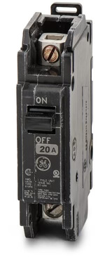 A 20A single-pole circuit breaker with an on-off switch.