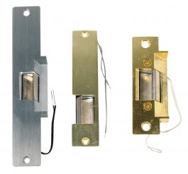 Three different styles of electric door strikes isolated on white background.