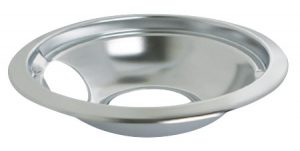 A stainless steel lid support designed for a pot or pan with two side notches.