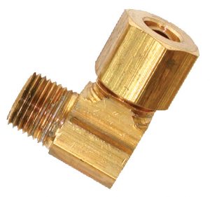 Brass plumbing elbow fitting with male and female threaded ends.