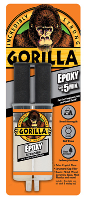 Packaging of Gorilla Epoxy glue with a gorilla image and dual syringe dispenser.