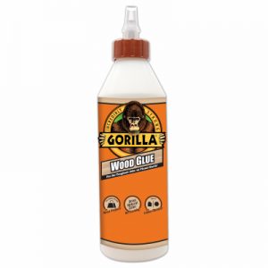 A bottle of Gorilla Wood Glue with a precision tip on a white background.