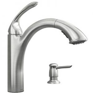 A modern stainless steel kitchen faucet with a detachable spray head.