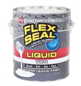 A can of Flex Seal liquid rubber sealant in white with the label "Stops leaks fast!"