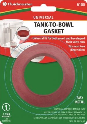Universal red tank-to-bowl gasket for toilets by Fluidmaster, packaged with installation instructions.