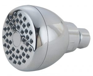 A close-up of a chrome showerhead with multiple nozzles.