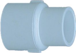 A PVC pipe coupling on a white background.