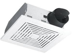 Ceiling-mounted bathroom exhaust fan with a white vent grille and a black duct connector.