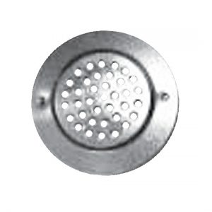 Circular metal drain cover with holes, viewed from above.