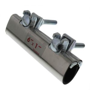 Alt text: Stainless steel repair clamp with bolts for fixing pipes, isolated on a white background.