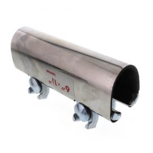 Stainless steel exhaust clamp-on tip with a polished finish on a white background.