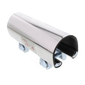 A shiny metal pipe clamp with a cylindrical body and hex bolts on a white background.