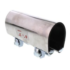 Stainless steel pipe clamp with rubber lining on white background.
