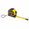 A retractable yellow and black tape measure with a keychain attachment.