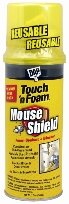 A can of DAP Touch 'n Foam Mouse Shield foam sealant and blocker.