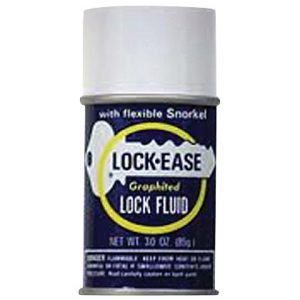 A container of Lock-Ease Graphited Lock Fluid with a flexible snorkel applicator.