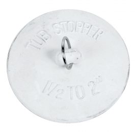 A white tub stopper with a central metal ring, labeled "1 1/2 to 2 inches".