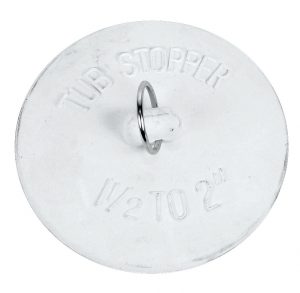 A white tub stopper with a central metal ring, labeled "1 1/2 to 2 inches".