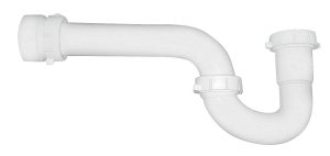 White PVC P-trap pipe fitting isolated on a light background.