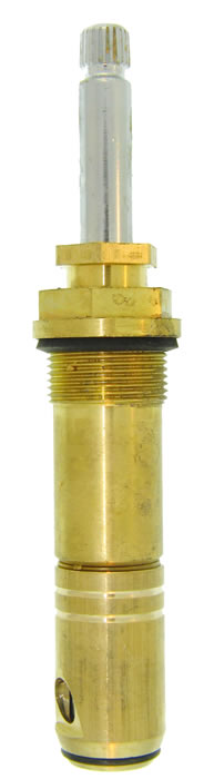 Brass cylinder-shaped cartridge for a plumbing fixture on a white background.
