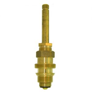 A brass-colored metal thermostatic radiator valve isolated on a white background.