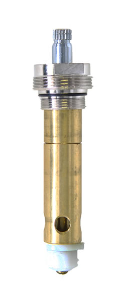 A vertical image of a brass-colored car spark plug isolated on a white background.