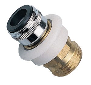 A brass and white plastic faucet aerator for water conservation.