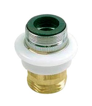 Metal and plastic industrial faucet aerator on a white background.