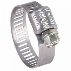 A stainless steel hose clamp on a white background.