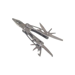 A multi-tool with pliers and various unfolded tools against a white background.