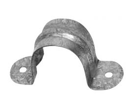 Metal pipe strap with two screw holes on a white background.