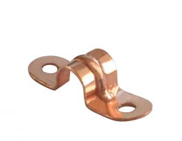 Copper-colored metal pipe clamp isolated on a white background.