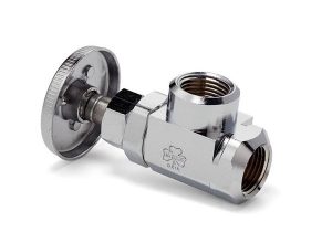 Chrome-plated brass angle valve with threaded connections, isolated on a white background.