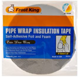 A packaged Frost King pipe wrap insulation tape with self-adhesive foil and foam.
