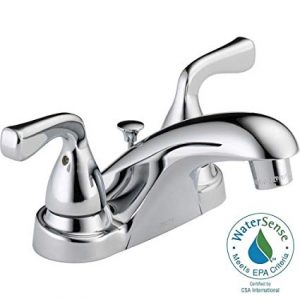 Shiny chrome bathroom faucet with dual handles and WaterSense label.