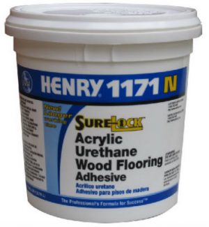 A container of HENRY 1171N Acrylic Urethane Wood Flooring Adhesive.