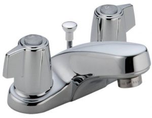 Chrome double-handle bathroom faucet on a white background.