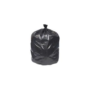 A sealed black trash bag isolated on a white background.
