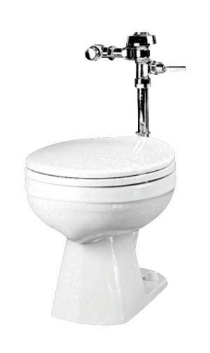 White flush toilet with a metal exposed pipe flush mechanism.