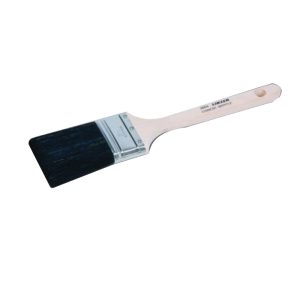 A new paintbrush with a wooden handle and black bristles on a white background.