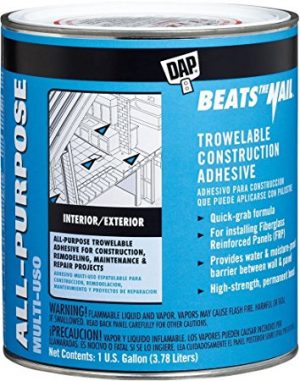 A can of DAP all-purpose trowelable construction adhesive for indoor and outdoor use.