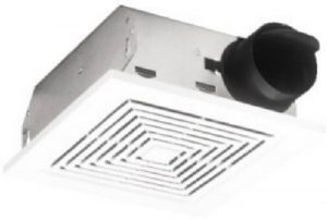 A bathroom exhaust fan with a white grille and black duct connector.
