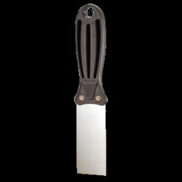 A putty knife with a black handle isolated on a white background.