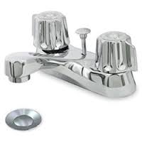 Chrome bathroom faucet with two handles on a white background.