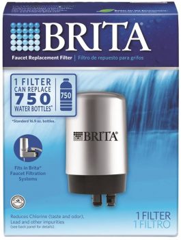 Packaging for a Brita faucet replacement water filter, stating it can replace 750 bottles.