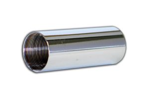 Shiny metal pipe with threaded interior on one end, isolated on a white background.