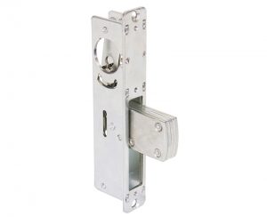 A silver door latch and deadbolt hardware isolated on a white background.