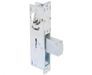 Silver metal door latch mechanism isolated on a white background.