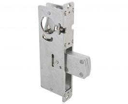Metal door lock mechanism isolated on a white background.