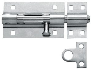 Stainless steel door bolt and separate retaining plate with pivot and lock mechanism.